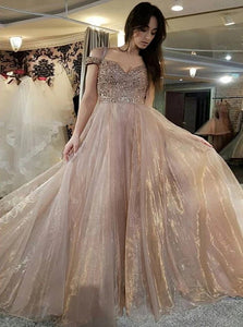 Chic A Line Off the Shoulder Prom Dress with Rhinestones 