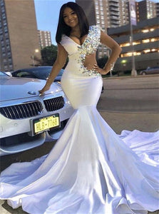 White Mermaid Sweep Train Prom Dresses