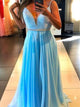  A Line Spaghetti Straps Beaded Chiffon Blue Prom Dresses 
