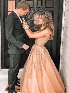 A Line V Neck Beadings Tulle Champagne Prom Dresses With Appliques