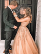 A Line V Neck Beadings Tulle Champagne Prom Dresses With Appliques