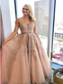 A Line V Neck Beadings Tulle Prom Dresses With Appliques LBQ0767