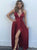 Sexy Red Satin V Neck Slit Prom Dresses