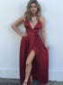 Sexy Red Satin V Neck Slit Prom Dresses LBQ0682