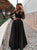 A Line Satin Black Sweep Train Prom Dresses With Appliques