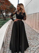 A Line Satin Black Sweep Train Prom Dresses With Appliques