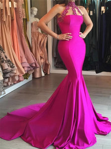 High Neck Satin With Appliques Mermaid Sweep Train Prom Dresses
