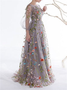 Floral Embroidery Long Sleeves Floor Length Prom Dresses