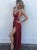 Sexy Red Satin V Neck Slit Floor Length Prom Dresses