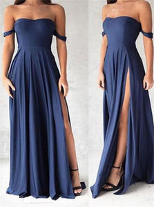 Off the Shoulder Chiffon Navy Blue Prom Dresses 