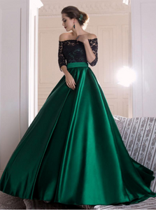 A Line Lace Half Sleeves Prom Dresses with Sweep Train