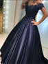 A Line Satin V Neck Appliques Prom Dresses LBQ0591