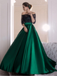 A Line Lace Satin Off the Shoulder Green Prom Dresses 
