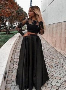 A Line Satin Long Sleeves Scoop Prom Dresses With Appliques