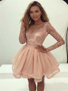 A Line Lace Tulle Appliques Short Prom Dresses With Long Sleeves 