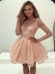 A Line Lace Tulle Appliques Short Prom Dresses With Long Sleeves 