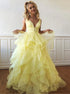 A Line V Neck Organza Ruffles Prom Dresses LBQ0609