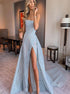 A Line Tulle Backless Slit Prom Dresses LBQ0978