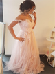 Off the Shoulder Pink Appliques Organza Prom Dresses