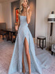 A Line Tulle Backless Slit Sweep Train Sleeveless Blue Prom Dresses