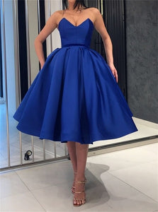 Royal Blue Satin Short Ball Gown Prom Dresses