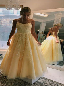 Scoop A Line Tulle Floor Length Sleeveless Prom Dresses With Appliques 
