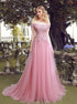 A Line Off the Shoulder Lace Up Pink Lace Tulle Prom Dresses LBQ1350