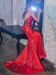 Spaghetti Straps Mermaid Sequin Red Sweep Train Prom Dresses