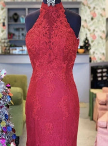 Halter Open Back Lace Mermaid Red Prom Dresses 