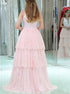 V Neck Sleeveless Lace Pink Prom Dresses With Beadings Tiered LBQ0730