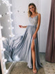 A Line Gray V Neck Lace Split Prom Dresses 