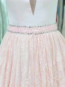 V Neck Lace Pink Prom Dresses With Beadings Tiered