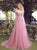 A Line Off the Shoulder Lace Up Pink Lace Tulle Prom Dresses with Beadings