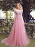 A Line Off the Shoulder Lace Up Pink Lace Tulle Prom Dresses with Beadings LBQ0979