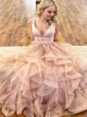 A Line V Neck Ruffled Sleeveless Tulle Prom Dresses