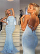 Lace Up Spaghetti Straps Mermaid Sweep Train Lace Prom Dresses 