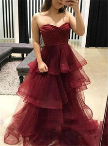 Sweetheart Burgundy Ruffles Organza Layered  Prom Dresses