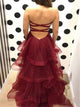 A Line Sweetheart Burgundy Ruffles Organza Layered  Lace Up Prom Dresses