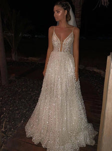 A Line Deep V Neck Sequined Ivory Prom Dresses