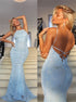 Sexy Open Back Spaghetti Straps Mermaid Sweep Train Lace Prom Dresses LBQ0685