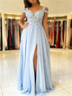  Light Blue Chiffon Split Prom Dresses With Lace Appliques
