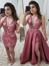 Deep V Neck Lace Detachable Train Satin Prom Dresses LBQ0850