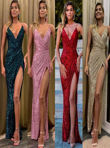 Mermaid Slit Sequins Floor Length Prom Dresses