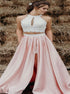 Two Piece White and Pink Lace Prom Dresses with Slit and Pocket LBQ0915