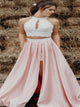 Two Piece White and Pink Lace Prom Dresses with Slit and Pocket