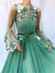 Floor Length Tulle A Line Sweetheart Applique Green Prom Dresses