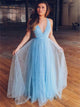V Neck Sleeveless Blue Floor Length Prom Dresses