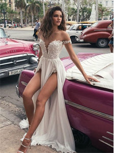 A Line Lace Sleeveless Ivory Prom Dresses with Slit
