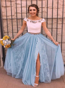 Two Piece Lace Split Off the Shoulder Prom Dresses with Rhinestones