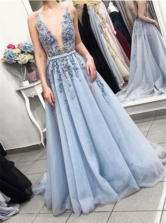 A Line V Neck Dusty Blue Tulle Prom Dresses | Alinepromdress A Line V Neck Dusty Blue Tulle Prom Dresses | Alinepromdress